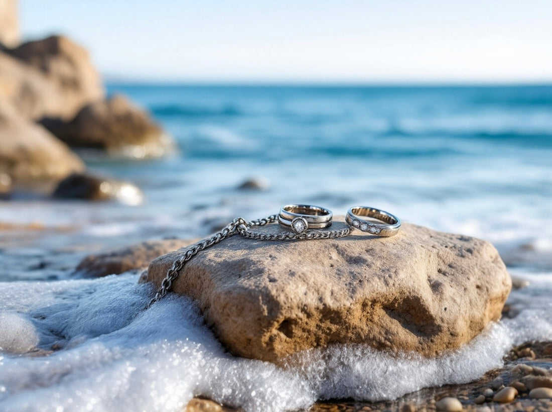 Flat lay of waterproof jewellery made from stainless steel, platinum, and titanium, displayed on beach sand with seashells — ideal for ocean-friendly fashion in Australia and New Zealand