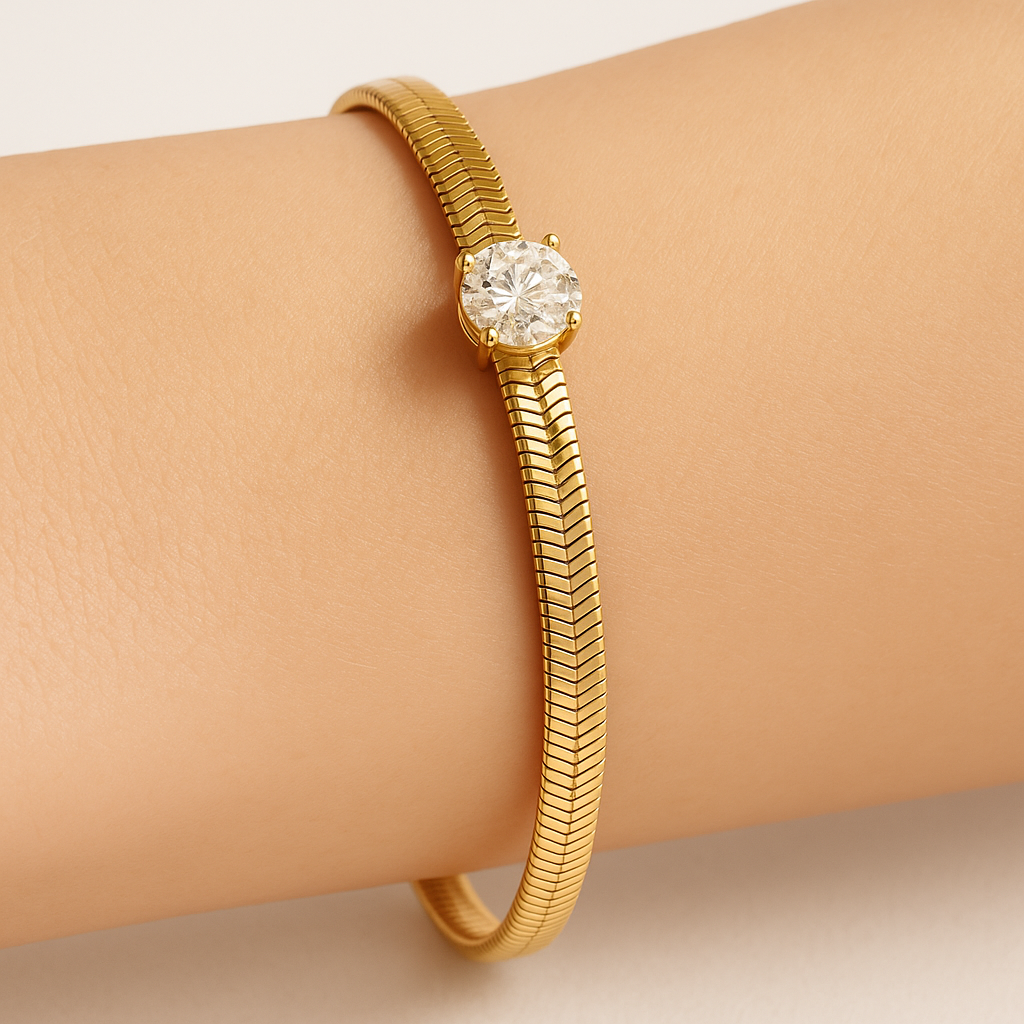 Rose gold snake bracelet with 1ct moissanite on sterling silver, elegant and adjustable chain design