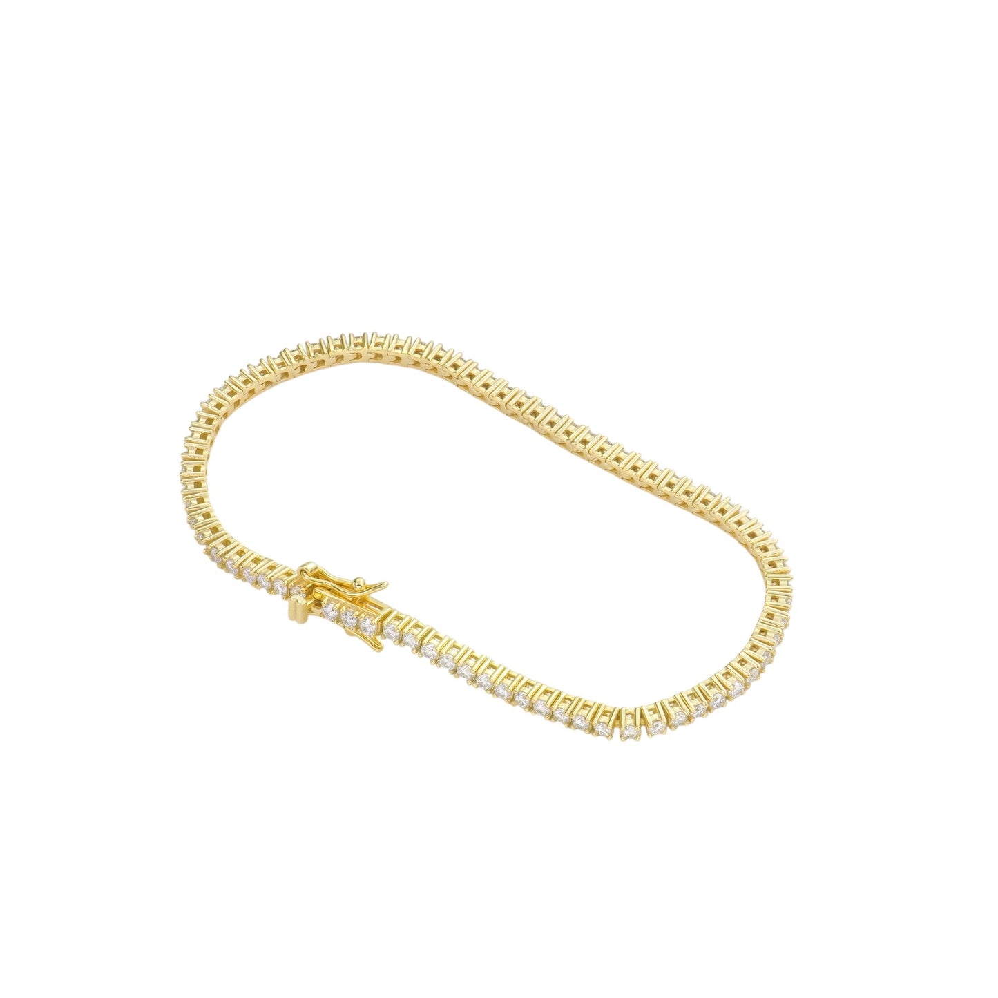 Luxe 18K gold plated moissanite tennis bracelet with 2mm round stones set in 925 sterling silver, displayed on a neutral background.