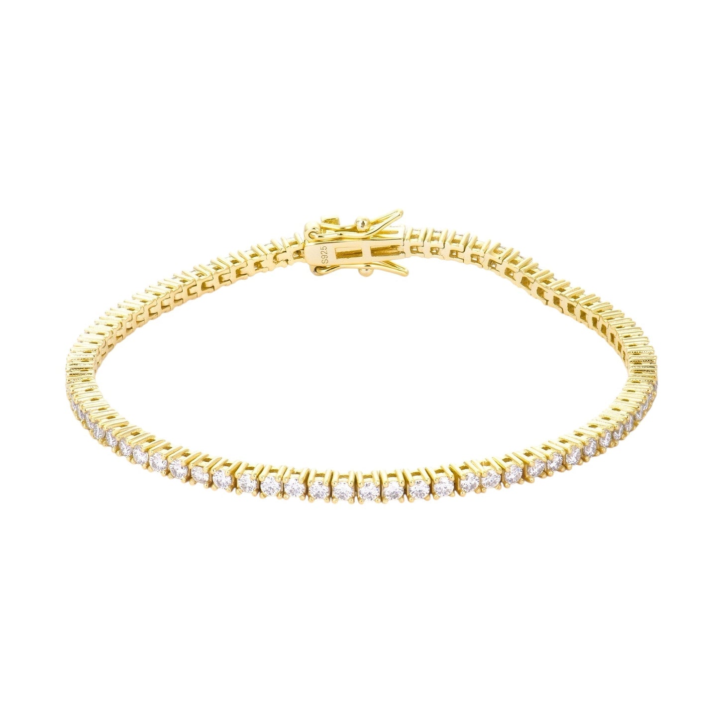 Luxe 18K gold plated moissanite tennis bracelet with 2mm round stones set in 925 sterling silver, displayed on a neutral background.