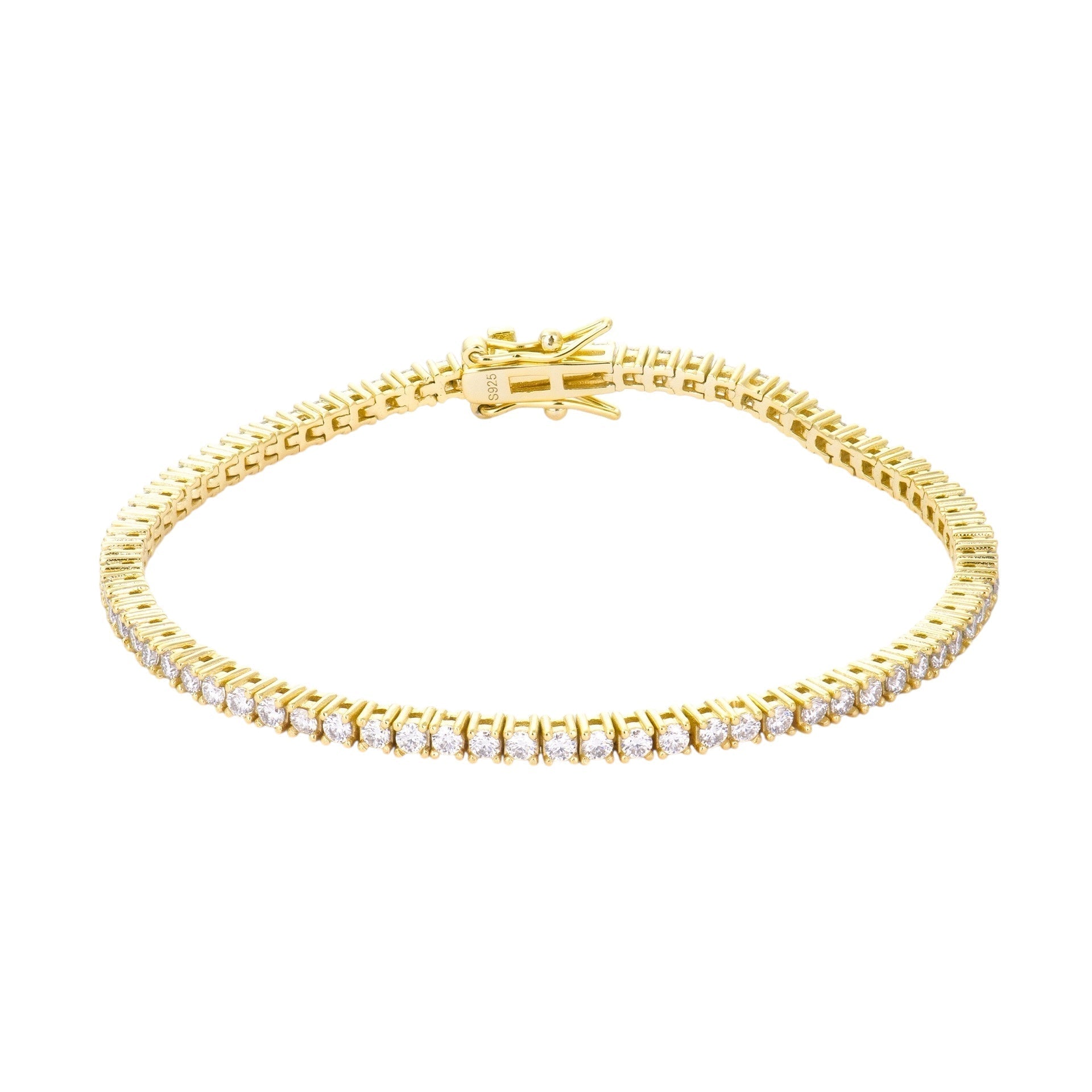 Luxe 18K gold plated moissanite tennis bracelet with 2mm round stones set in 925 sterling silver, displayed on a neutral background.