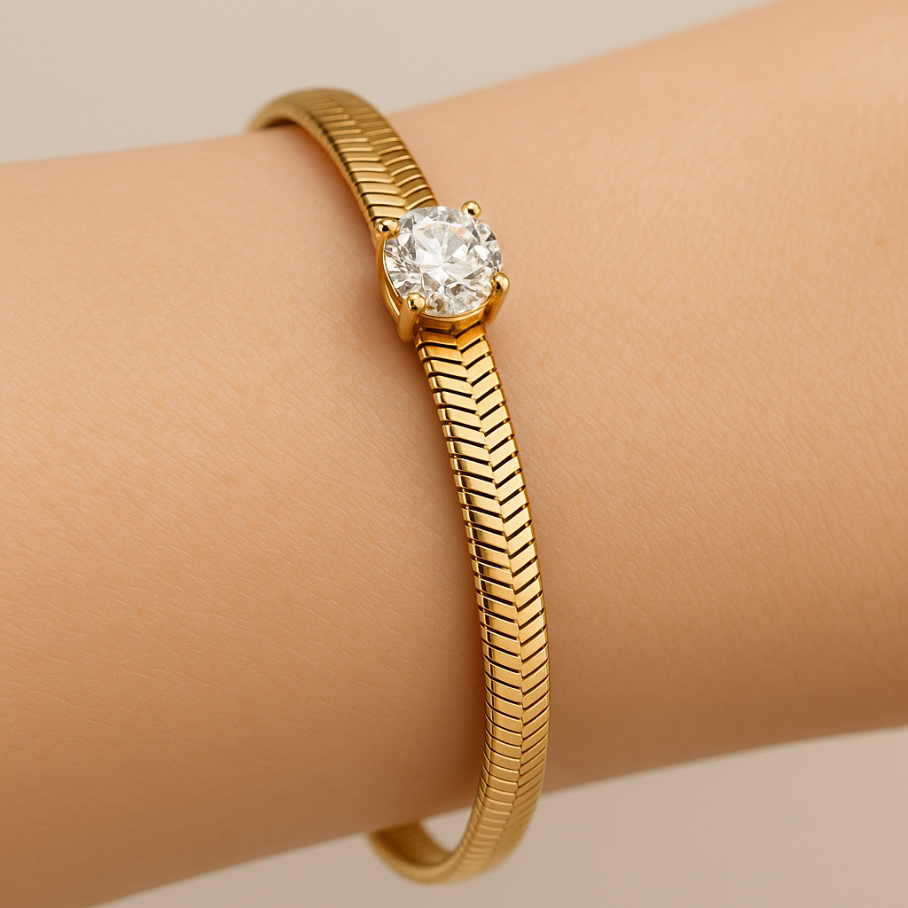 Rose gold snake bracelet with 1ct moissanite on sterling silver, elegant and adjustable chain design