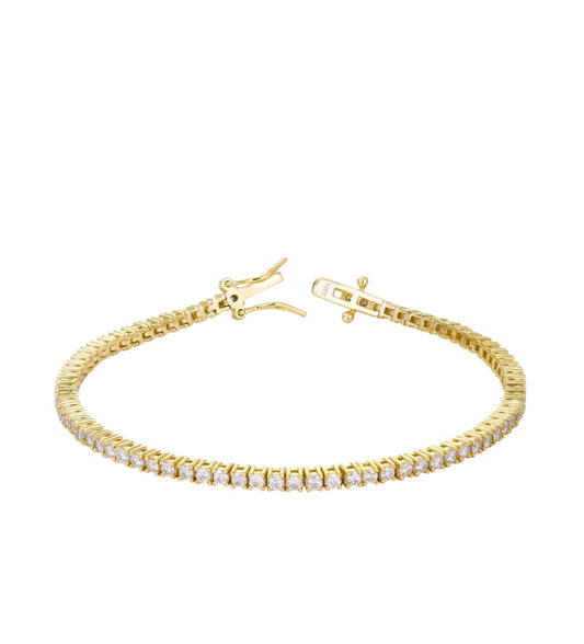 Luxe 18K gold plated moissanite tennis bracelet with 2mm round stones set in 925 sterling silver, displayed on a white background.