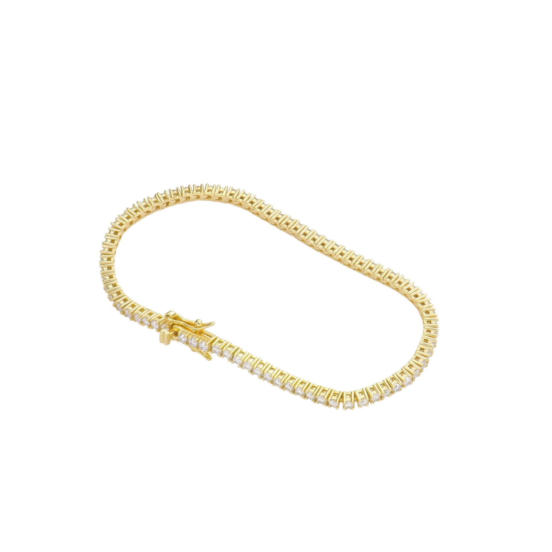 Luxe 18K gold plated moissanite tennis bracelet with 2mm round stones set in 925 sterling silver, displayed on a neutral background.