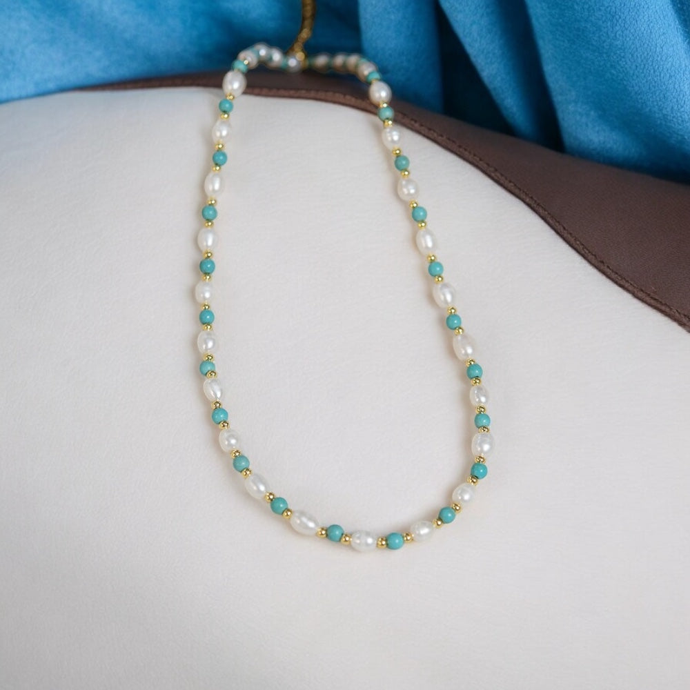 Turquoise Stone with Rice Freshwater Pearl Necklace