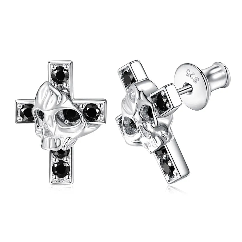 Cross and Skull Black Moissanite Silver Ear Stud DAPR