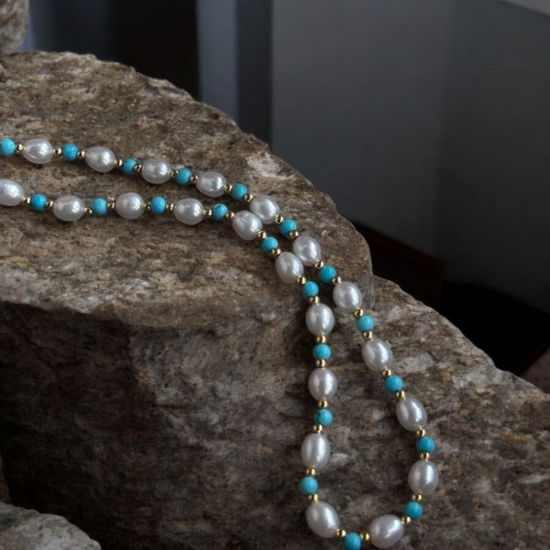 Turquoise Stone with Rice Freshwater Pearl Necklace