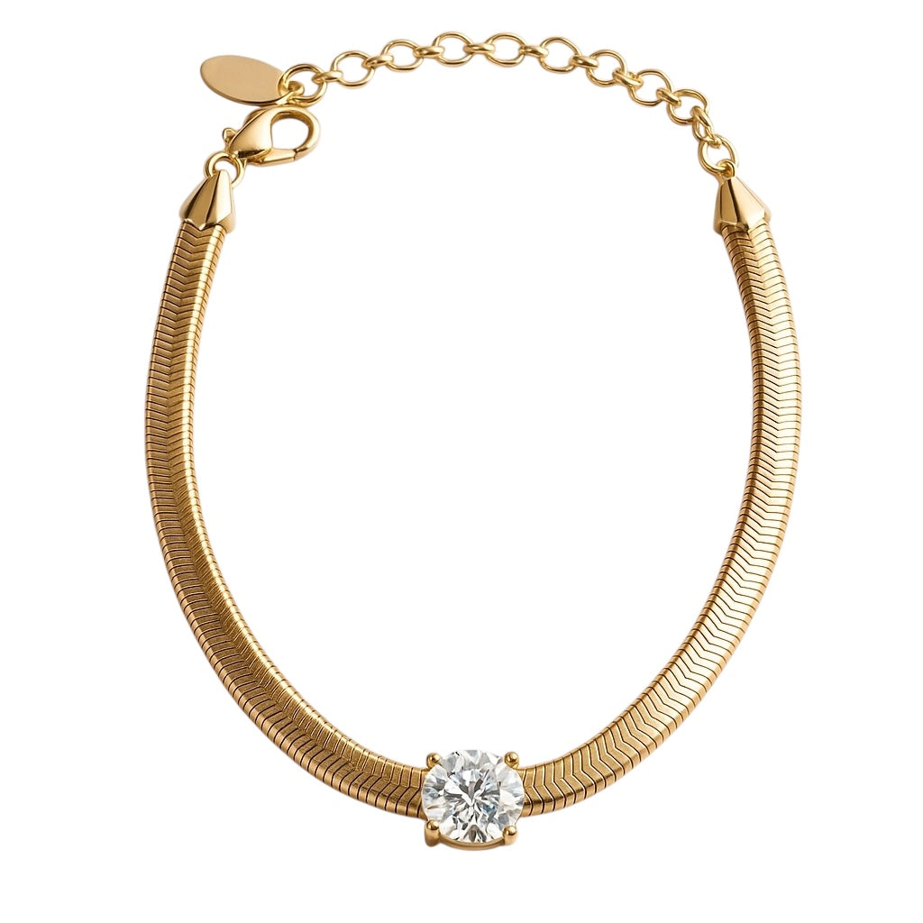 Rose gold snake bracelet with 1ct moissanite on sterling silver, elegant and adjustable chain design